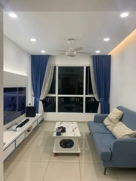 Living features: blue fabric sofa, white marble coffee table, wall-mounted TV, white cabinetry below TV, recessed ceiling lights, 5-blade ceiling fan, floor-to-ceiling windows, blue curtains, cream walls, glossy tile flooring; style: modern.