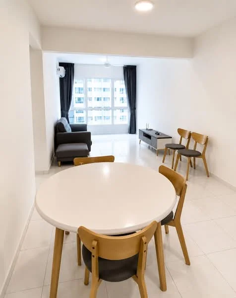 Living features: white painted walls, tile flooring, 5-blade ceiling fan with light, floor-to-ceiling windows, blackout curtains, grey fabric sofa, coffee table, TV console, 4 dining chairs, round dining table with white top; style: modern.