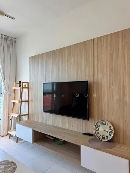 Living features: wood feature wall, flat-screen TV, light wood TV console, white lower cabinets, floor-to-ceiling windows, sheer curtains, light-colored tiled flooring, decorative wall clock; style: modern.