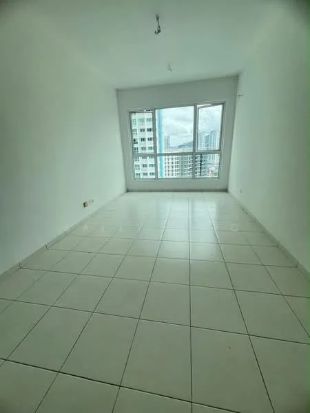 Room features: white painted walls, white ceiling, large floor-to-ceiling windows, tile flooring, neutral color scheme, city skyline view, no visible furniture, bright natural light; style: modern; view: city.