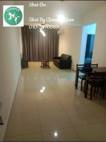 Living features: glossy ceramic tile flooring, grey curtains, sofa in black, wooden coffee table, dining table with chairs, recessed downlights, wall-mounted light fixture; style: modern.