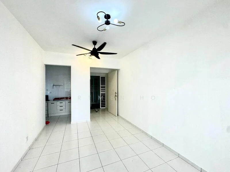 Room features: white painted walls, ceiling fan, tile flooring, recessed lighting, open layout, doorway leading to another room, kitchen cabinetry visible in the background; style: modern.
