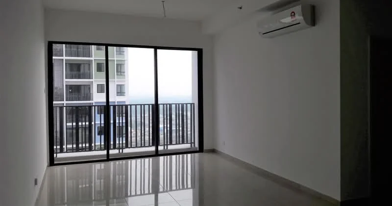 Living features: floor-to-ceiling windows, sliding glass door, white painted walls, polished tile flooring, 1 wall-mounted split AC, black metal railing, city view, recessed ceiling lights; style: modern; view: city.