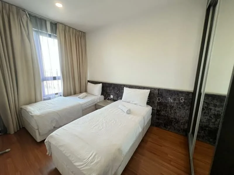 Bedroom features: two single beds with white bedding, dark upholstered accent wall, wooden flooring, floor-to-ceiling window with sheer curtains, nightstand beside one bed, built-in wardrobe with mirrored doors, recessed ceiling lights; style: modern.