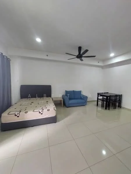 Room features: queen-size bed with patterned bedding, blue fabric sofa, 4-seater dining table with black chairs, white painted walls, recessed downlights, ceiling fan, glossy tile flooring, curtains on window; style: modern.