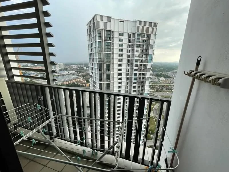 Room features: balcony with railing, city skyline view, clothes drying rack, floor tiles, high-rise building in view, partially cloudy sky; style: modern; view: city.