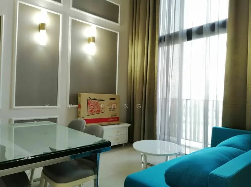 Living features: blue fabric sofa, glass coffee table, white side table, dining table with grey upholstered chairs, floor-to-ceiling windows, sheer curtains, dark grey accent wall, wall-mounted sconces, light-colored flooring, decorative wall paneling; style: modern.
