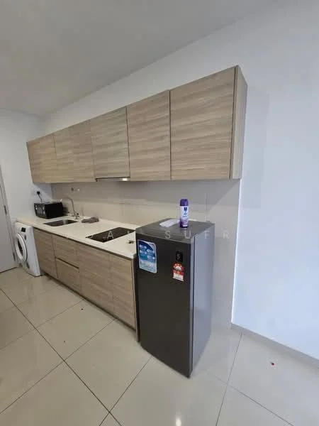 Kitchen features: light wood cabinetry, white countertop, stainless-steel fridge, built-in microwave, ceramic tile flooring, white walls, washing machine, single-bowl stainless-steel sink, chrome pull-down faucet; style: modern.