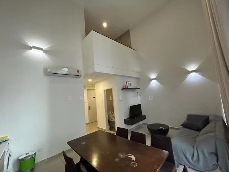 Living features: white painted walls, grey tiled flooring, 5-blade ceiling fan with light, recessed LED downlights, wall-mounted TV, dark wood coffee table, grey fabric sofa, dining table with 6 chairs, open layout, air conditioning unit; style: modern.