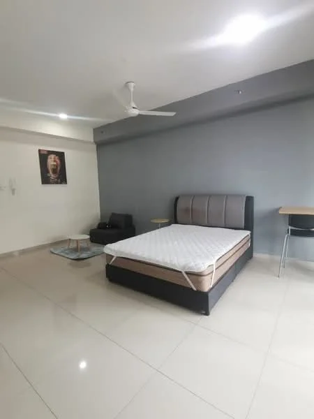 Bedroom features: queen-size bed with upholstered headboard, grey accent wall, white painted walls, white ceiling, 5-blade ceiling fan, tile flooring, small side table, black armchair, coffee table, floor lamp; style: modern.