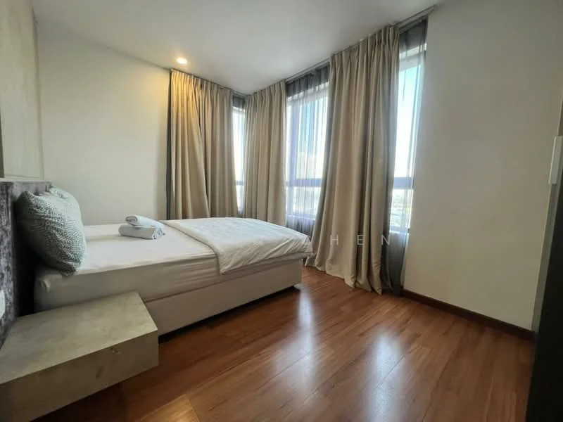 Bedroom features: queen-size bed, upholstered headboard, bedside table, floor-to-ceiling windows, sheer curtains, dark curtains, wooden flooring, recessed downlights; style: modern; view: city.