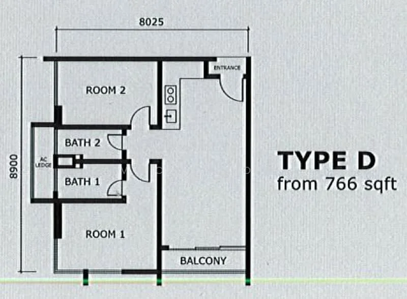 Floor plan: 2-bedroom 2-bathroom unit; features: open-plan kitchen-dining-living, master bedroom with ensuite bathroom, balcony off living room, utility room, central foyer.