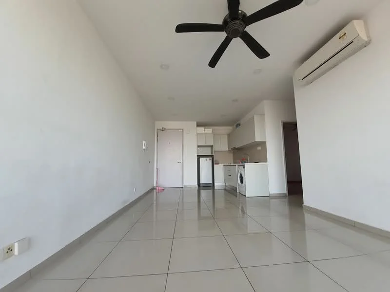 Living features: white painted walls, glossy ceramic tile flooring, 5-blade ceiling fan in black, wall-mounted split AC, recessed downlights, open kitchen layout, washer/dryer unit, kitchen cabinetry in white, countertop in light color, door leading to other rooms; style: modern.