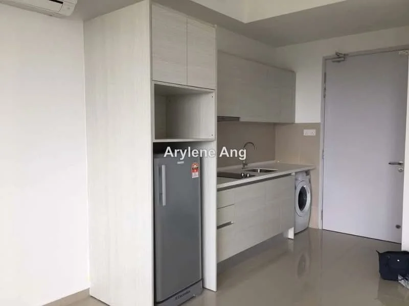 Kitchen features: light wood cabinetry, stainless-steel fridge, built-in sink, single-bowl stainless-steel sink, chrome pull-down faucet, ceramic tile backsplash, built-in kitchen countertop, washing machine, white walls, polished tile flooring, recessed downlights, open shelving; style: modern.
