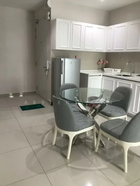 Dining features: glass dining table, 4 grey upholstered dining chairs, white cabinetry, stainless-steel fridge, white countertop, sink, wall-mounted cabinets, tile flooring, neutral wall color, doorway, decorative flowers in vase; style: modern.