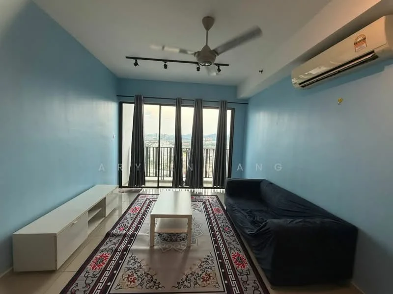 Living features: blue painted walls, polished tile flooring, 5-blade ceiling fan with light, recessed downlights, sofa in navy blue fabric, coffee table, TV console in white, area rug with floral pattern, floor-to-ceiling windows, blackout curtains; style: modern; view: city.