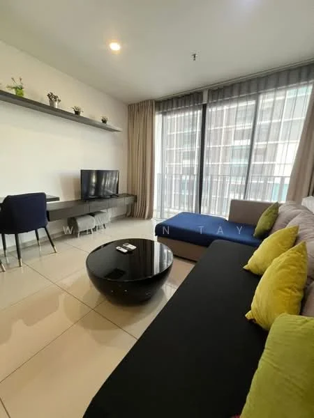 Living features: grey fabric sofa, black fabric sofa, yellow decorative cushions, round black coffee table, wall-mounted TV, floating shelf with plants, floor-to-ceiling windows, curtains, ceramic tile flooring, recessed downlights; style: modern; view: city.