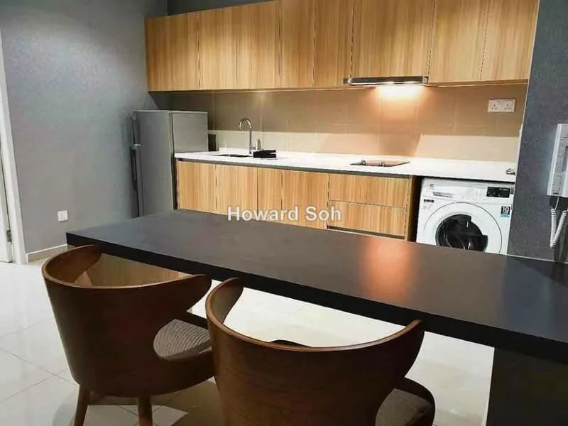 Kitchen features: wood cabinetry, black countertop, stainless-steel fridge, single-bowl stainless-steel sink, chrome pull-down faucet, built-in electric cooktop, built-in oven, front-load washing machine, tile backsplash, white walls, recessed downlights, open shelving, bar stools; style: modern.