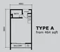 Floor plan: 1-bathroom unit; features: open-plan layout, kitchen area, bathroom, gallery space.