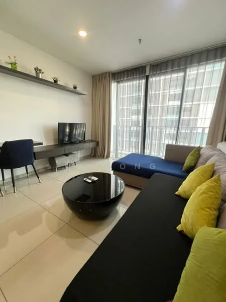 Living features: black fabric sofa, blue fabric sofa, yellow decorative cushions, round black coffee table, wall-mounted TV, floating shelf with decorative plants, large floor-to-ceiling windows, curtains, glossy tile flooring, dining table with two chairs; style: modern.