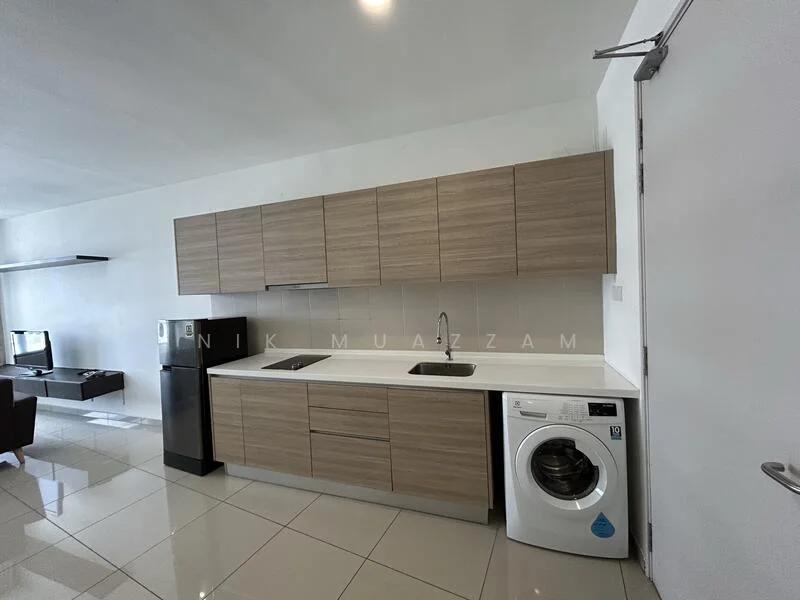Kitchen features: light wood cabinetry, white countertop, single-bowl stainless-steel sink, chrome pull-down faucet, stainless-steel fridge, front-load washing machine, ceramic tile flooring, white tiled backsplash, recessed downlights; style: modern.