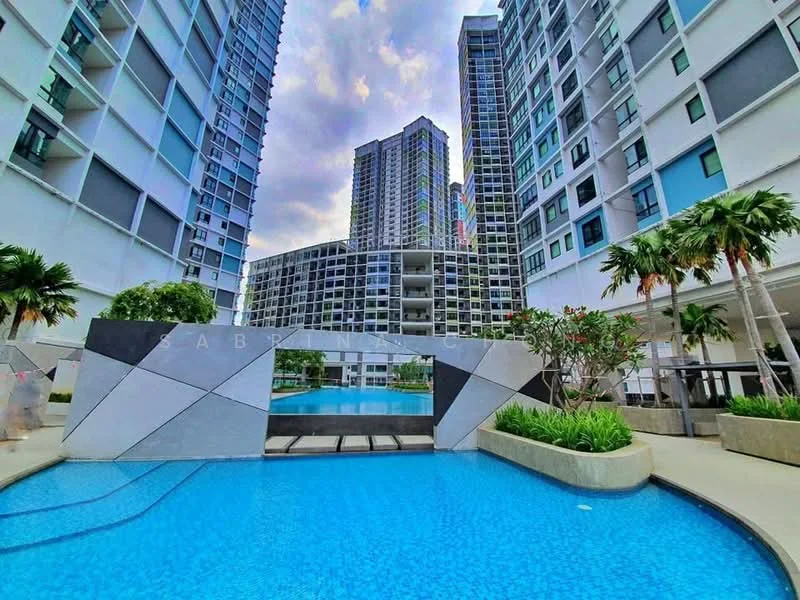 Exterior type: high-rise condominium; features: infinity pool, swimming pool deck, landscaped garden with palm trees, modern architectural design, glass curtain wall facade, multiple high-rise buildings, water feature, outdoor seating area; style: modern.