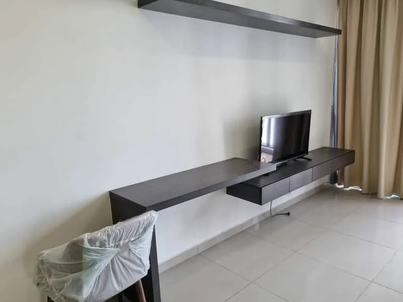 Living features: white painted walls, glossy ceramic tile flooring, floating wall-mounted shelf, dark wood console table, wall-mounted TV, curtains, plastic-wrapped chair; style: modern.