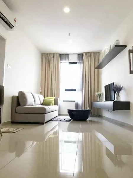 Living features: 3-seater fabric sofa in light grey, green accent cushion, coffee table, wall-mounted TV, TV console, floor-to-ceiling window, sheer curtains, recessed downlights, polished ceramic tile flooring, decorative wall shelf, area rug with geometric pattern, decorative plant in ceramic pot; style: modern; view: city.