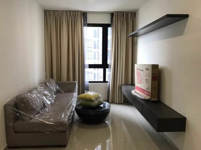 Living features: grey fabric sofa with plastic covering, black circular coffee table, floating black shelf, floor-to-ceiling window, sheer curtains, glossy tile flooring, neutral painted walls, decorative cushions in yellow; style: modern.