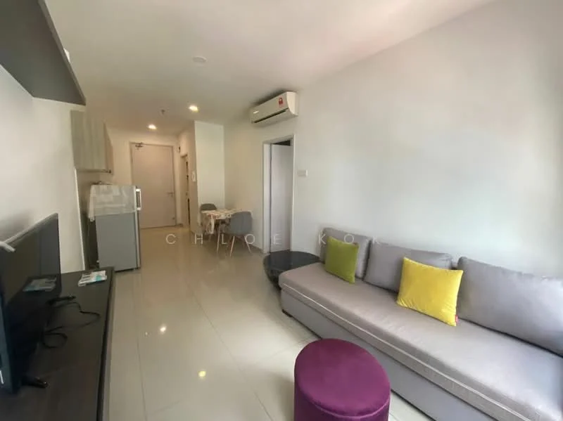 Living features: grey fabric sofa, yellow accent pillows, purple ottoman, wall-mounted TV, TV console, white painted walls, glossy tile flooring, 1 wall-mounted split AC; style: modern. Room features: white painted walls, glossy tile flooring, doorway leading to hallway, refrigerator.