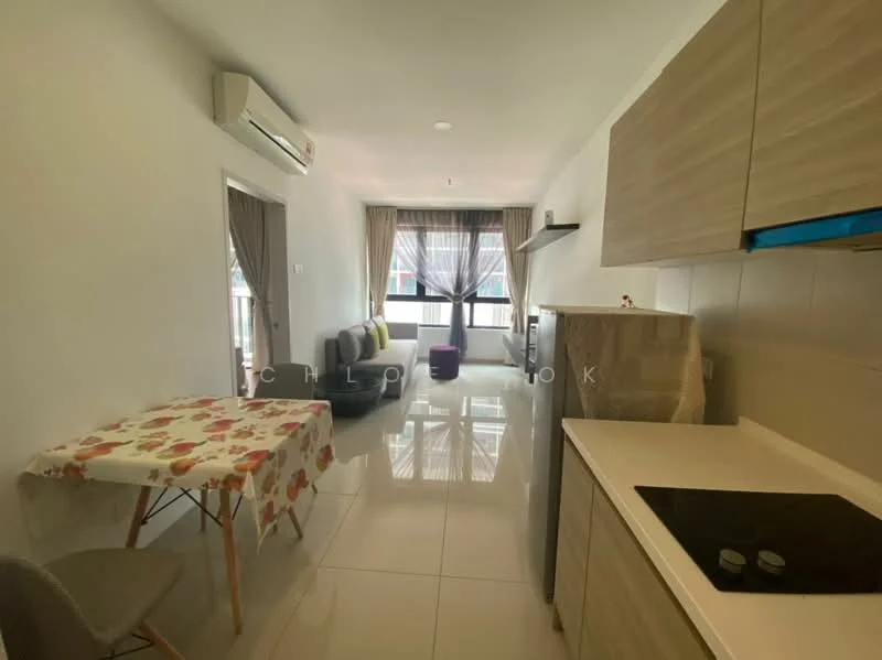Living features: white painted walls, glossy tile flooring, floor-to-ceiling windows, sheer curtains, sofa in grey, dining table with floral tablecloth, grey dining chair, wall-mounted shelf, air conditioning unit, kitchenette with countertop, stainless-steel fridge, built-in cooktop; style: modern.