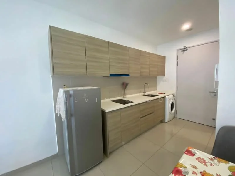 Kitchen features: laminate cabinetry in light wood finish, single-bowl stainless-steel sink, chrome pull-down faucet, built-in washing machine, stainless-steel fridge, grey ceramic tile flooring, white walls, recessed downlights; style: modern.