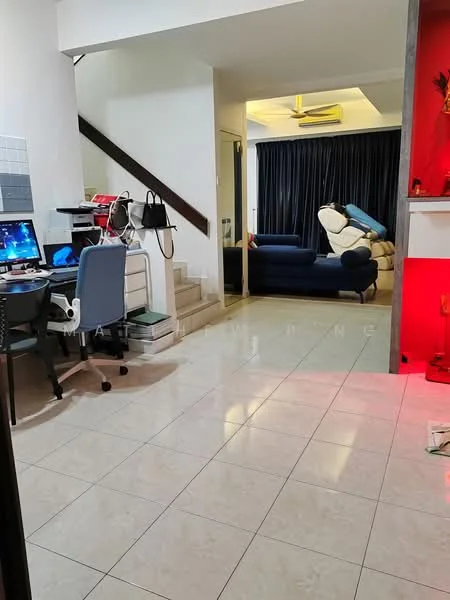Living features: sofa in cream, armchair in cream, coffee table, TV console, wall-mounted TV, recessed downlights, curtains in dark blue, area rug, decorative wall with red lighting; style: modern. Study features: desk with computer, office chair, shelves, staircase leading to upper floor, tile flooring, white walls.