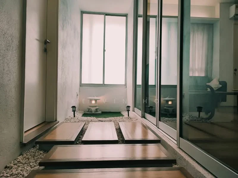 Room features: wooden stepping stones, white painted walls, large windows, natural light, decorative pebbles, indoor plants, sliding glass doors, green grass area, modern lighting fixtures; style: modern; view: garden.