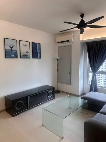 Living features: light grey fabric sofa, glass coffee table, black TV console, floor lamp, 5-blade ceiling fan with light, wall-mounted split AC, floor-to-ceiling window, curtains, framed artwork on walls, light wood flooring, white painted walls; style: modern; view: city.