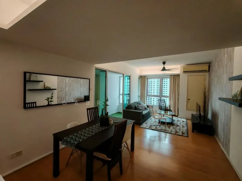 Living features: laminate flooring, white painted walls, ceiling fan, sofa in grey, coffee table, TV console, wall-mounted TV, area rug with geometric pattern, floor-to-ceiling windows, sheer curtains, decorative mirror, dining table with 4 chairs, decorative wall panel, air conditioning unit; style: modern; view: city.