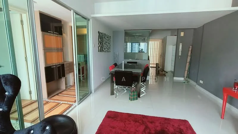 Living features: white painted walls, grey accent wall, polished tile flooring, 5-seater dining table, black dining chairs, red area rug, floor-to-ceiling windows, sliding glass door, open layout, decorative wall art, recessed downlights; style: modern; view: city. Kitchen features: wood cabinetry, stainless-steel appliances, granite countertop, built-in oven, freestanding refrigerator, open shelving, tile backsplash; style: modern.