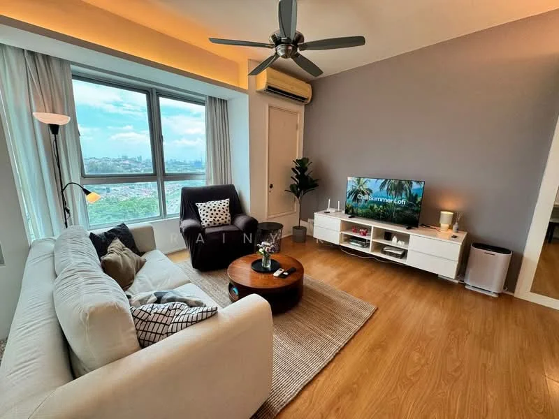 Living features: 3-seater fabric sofa in white, coffee table with wooden top, area rug with natural fibers, wall-mounted TV, TV console in white, floor lamp, ceiling fan with light, large window with city view, decorative plant in pot, wooden flooring, grey accent wall; style: modern; view: city.