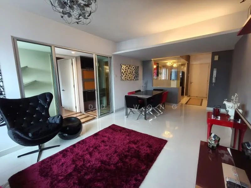 Living features: black tufted armchair, red area rug, white tiled flooring, glass dining table with black chairs, decorative wall art, chandelier with multiple bulbs, sliding glass doors, wall-mounted console table, open layout, neutral painted walls; style: modern.