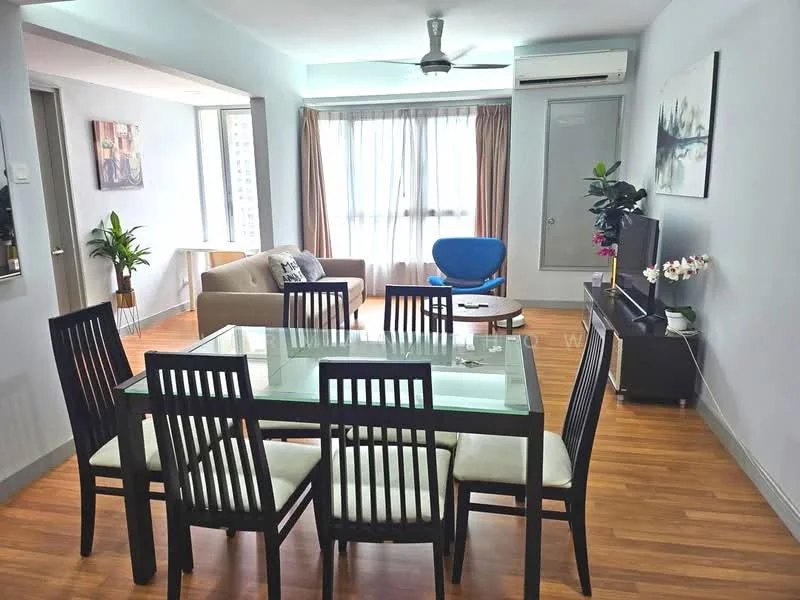 Dining features: 6-seater dining table with glass top, black wooden dining chairs, wooden flooring, ceiling fan, wall-mounted air conditioning unit, decorative wall art, plant in ceramic pot, large windows with sheer curtains, curtains in brown, light-colored walls; style: modern; view: city. Living features: fabric sofa in beige, blue accent chair, TV console, wall-mounted TV, decorative flowers, wooden flooring, large windows with sheer curtains, light-colored walls; style: modern; view: city.