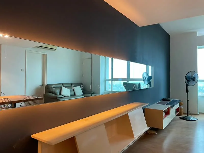 Living features: grey fabric sofa, wooden TV console, large wall-mounted mirror, black accent wall, floor-to-ceiling windows, 2 standing fans, light wood flooring, dining area visible in background; style: modern; view: city.