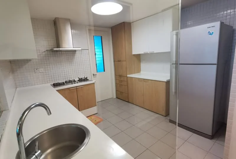 Kitchen features: single-bowl stainless-steel sink, chrome pull-down faucet, white quartz countertop, light wood cabinetry, built-in oven, 4-burner gas hob, stainless-steel fridge, white tiled backsplash, grey ceramic tile flooring, recessed downlights, sliding glass door, wall-mounted kitchen hood; style: modern.