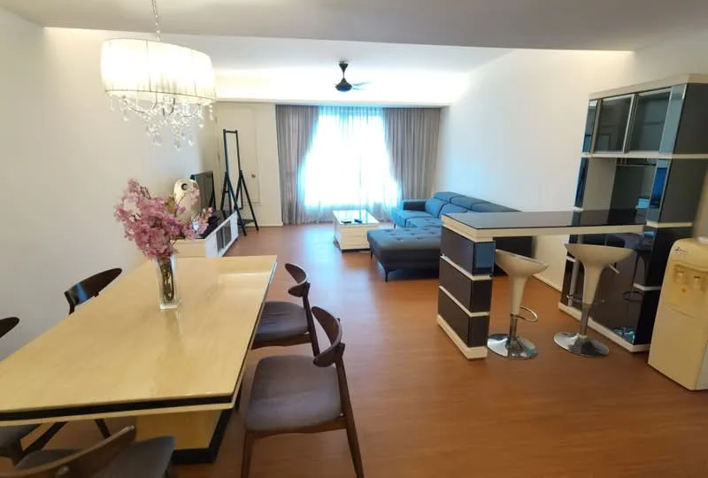 Living features: 3-seater fabric sofa in grey, coffee table, TV console, wall-mounted TV, area rug, 5-blade ceiling fan, floor-to-ceiling windows with sheer curtains, wooden flooring, decorative chandelier, dining table with 6 chairs, bar stools at counter, built-in cabinets; style: modern.