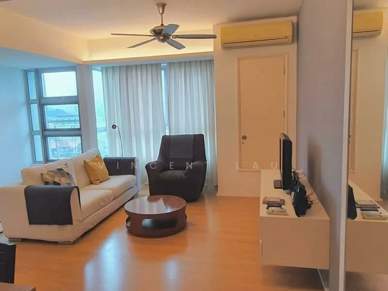 Living features: 3-seater fabric sofa in white, armchair in dark brown, round wooden coffee table, TV console with wall-mounted TV, floor-to-ceiling windows, sheer curtains, wooden flooring, ceiling fan with light, wall-mounted air conditioning unit, decorative pillows; style: modern; view: city.