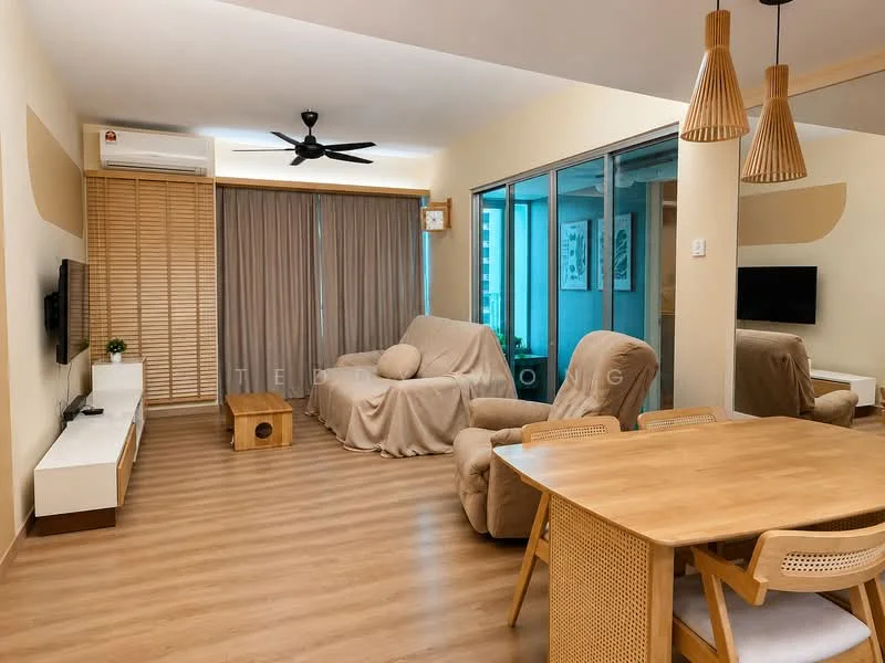 Living features: light wood laminate flooring, cream painted walls, 5-blade ceiling fan with light, wall-mounted TV, white TV console, beige fabric sofa, recliner armchair, wooden coffee table, dining table with 4 chairs, large sliding glass door, sheer curtains, decorative wall art; style: modern; view: city.