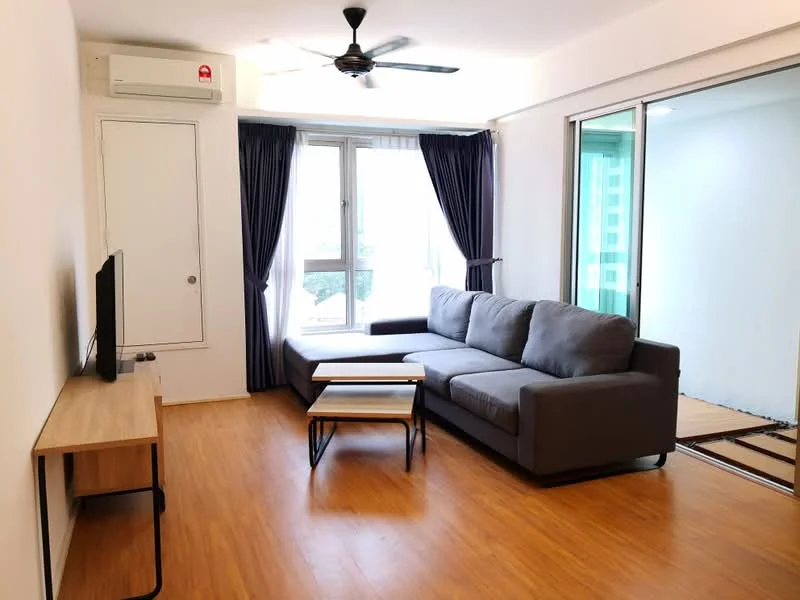 Living features: 3-seater fabric sofa in grey, coffee table, TV console, wall-mounted TV, floor-to-ceiling windows, sheer curtains, wooden flooring, ceiling fan, air conditioning unit, decorative wall panel, natural light from windows; style: modern; view: city. Room features: sliding glass door, unknown flooring, unknown wall color.