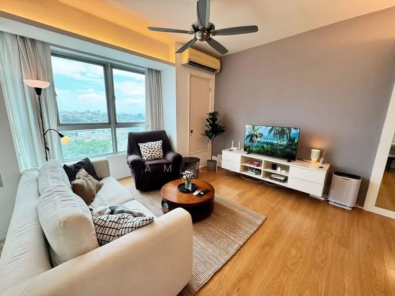 Living features: 3-seater fabric sofa in white, armchair in dark purple, round wooden coffee table, area rug with natural fibers, wall-mounted TV, TV console in white, floor lamp, potted plant, large window with city view, wooden flooring, ceiling fan with light, grey accent wall; style: modern; view: city.