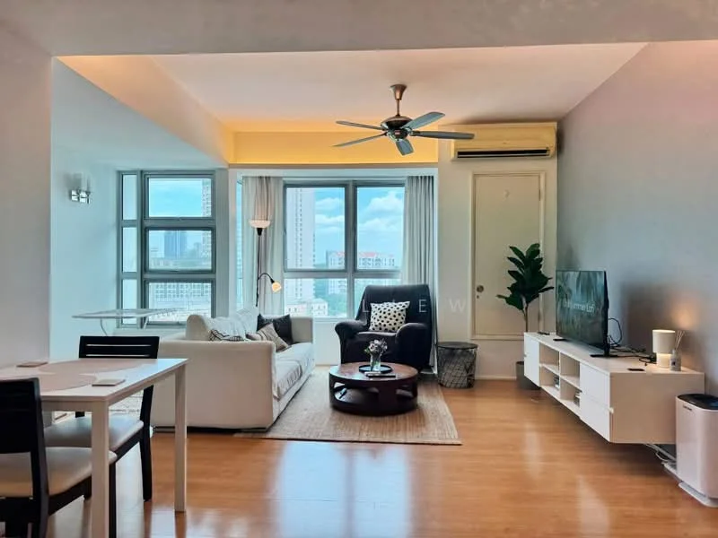 Living features: 3-seater fabric sofa in white, armchair in dark fabric, coffee table with round top, TV console in white, wall-mounted TV, area rug with neutral tones, floor-to-ceiling windows, curtains in light fabric, ceiling fan with light, wooden flooring, decorative plant in pot, light wall paint, air conditioning unit on wall; style: modern; view: city. Dining features: 4-seater dining table in white, black dining chairs, minimalist table setting; style: modern; view: city.