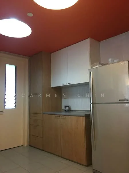 Kitchen features: orange painted ceiling, white upper cabinets, wood lower cabinets, grey countertop, stainless-steel fridge, tile backsplash, single-bowl stainless-steel sink, built-in microwave, door with glass panel, floor tiles, recessed lighting; style: modern.