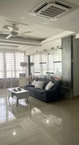 Living features: 3-seater fabric sofa in navy blue, coffee table, floor-to-ceiling windows, sheer curtains, recessed downlights, ceiling fan, polished tile flooring, decorative wall shelving, lampshade floor lamp, decorative cushions; style: modern.